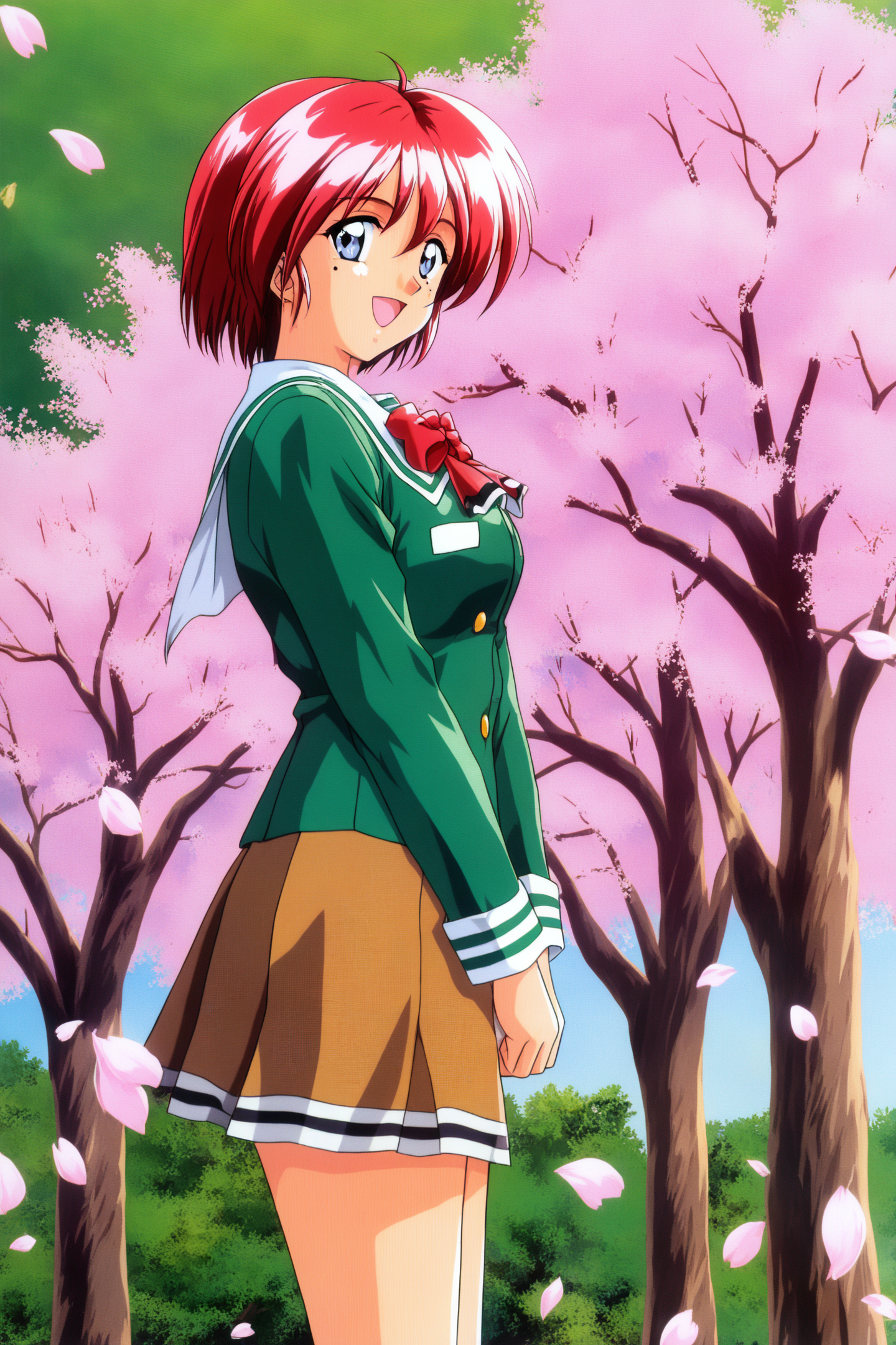 40110-148113042-Hinomoto Hikari,1girl,mole under eye,mole,solo,1990s _(style_),school uniform,retro artstyle,red hair,skirt,cherry blossoms,shor.png
